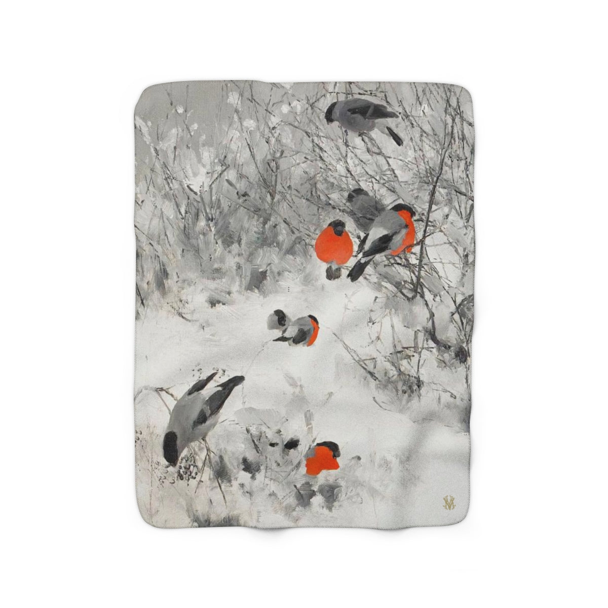Bullfinches in Winter Avian Splendor Sherpa Throw Blanket