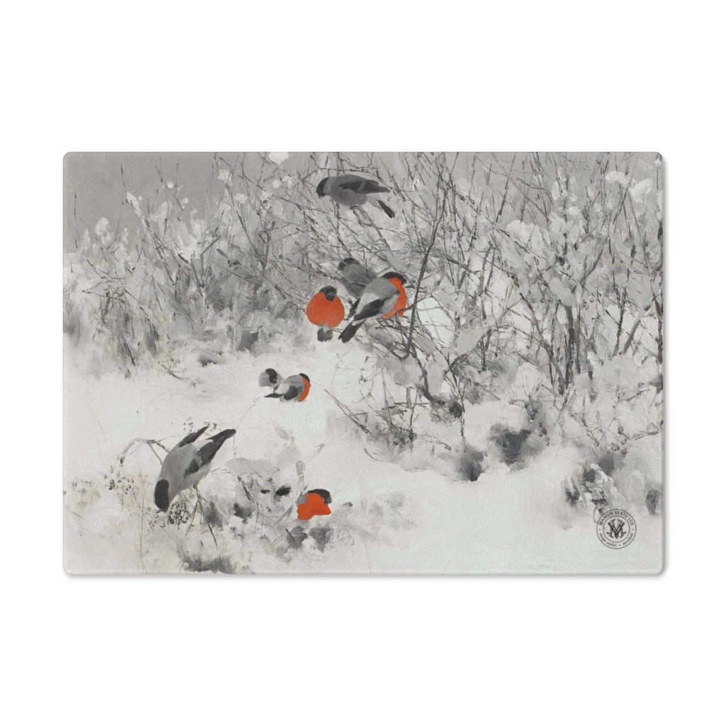 Bullfinches in Winter Avian Splendor Glass Cutting Board